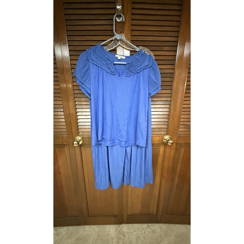 Chico's Blue Crinkle Pleated Top & Skirt Set Boho Cottagecore 2 Piece Large - Picture 2 of 9